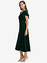 Side View Thumbnail - Evergreen Flutter Sleeve Velvet Midi Wrap Dress with Pockets