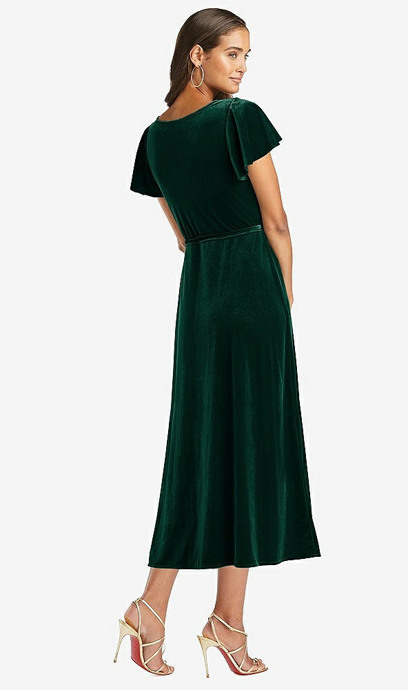 Back View - Evergreen Flutter Sleeve Velvet Midi Wrap Dress with Pockets