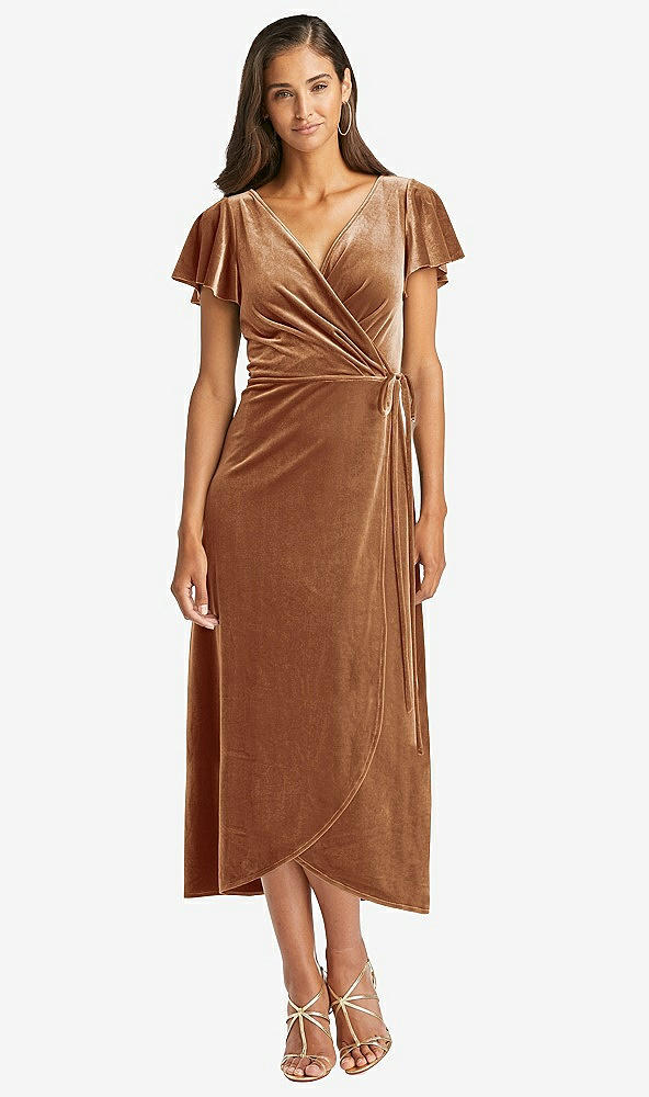 Front View - Golden Almond Flutter Sleeve Velvet Midi Wrap Dress with Pockets