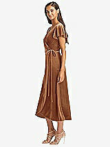 Side View Thumbnail - Golden Almond Flutter Sleeve Velvet Midi Wrap Dress with Pockets