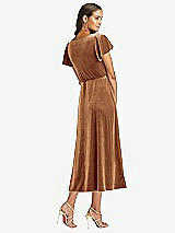 Rear View Thumbnail - Golden Almond Flutter Sleeve Velvet Midi Wrap Dress with Pockets