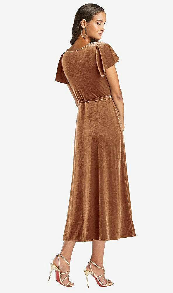 Back View - Golden Almond Flutter Sleeve Velvet Midi Wrap Dress with Pockets