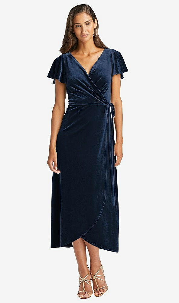 Front View - Midnight Navy Flutter Sleeve Velvet Midi Wrap Dress with Pockets