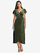 Front View Thumbnail - Olive Green Flutter Sleeve Velvet Midi Wrap Dress with Pockets