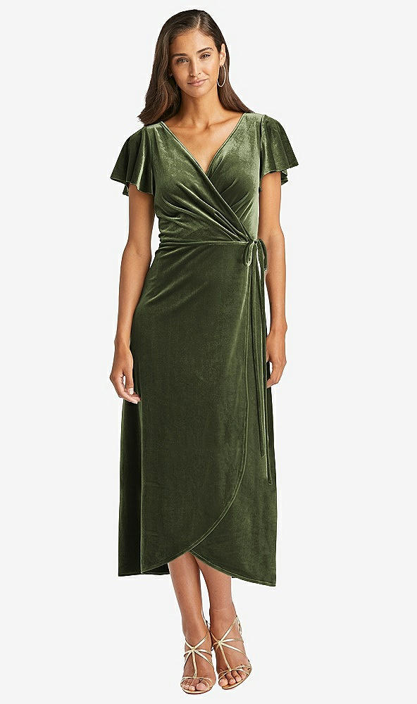 Front View - Olive Green Flutter Sleeve Velvet Midi Wrap Dress with Pockets