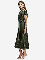 Side View Thumbnail - Olive Green Flutter Sleeve Velvet Midi Wrap Dress with Pockets