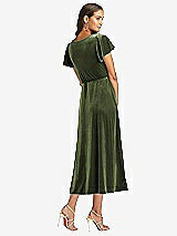 Rear View Thumbnail - Olive Green Flutter Sleeve Velvet Midi Wrap Dress with Pockets