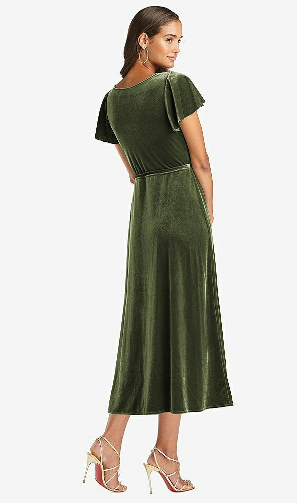 Back View - Olive Green Flutter Sleeve Velvet Midi Wrap Dress with Pockets