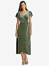 Front View Thumbnail - Sage Flutter Sleeve Velvet Midi Wrap Dress with Pockets
