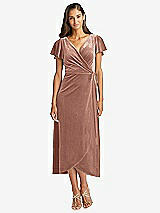 Front View Thumbnail - Tawny Rose Flutter Sleeve Velvet Midi Wrap Dress with Pockets