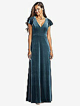 Front View Thumbnail - Dutch Blue Flutter Sleeve Velvet Maxi Dress with Pockets