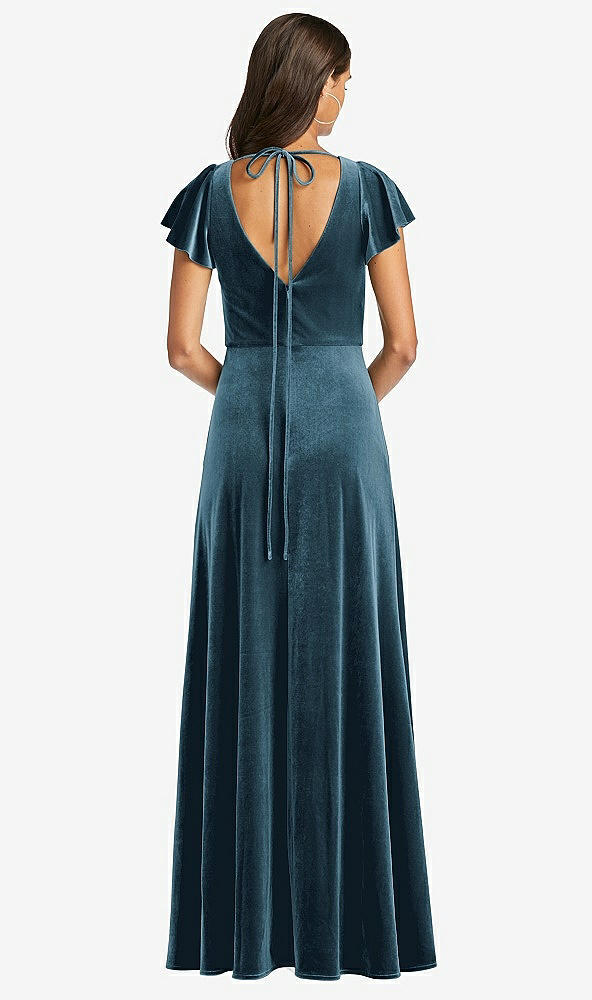 Back View - Dutch Blue Flutter Sleeve Velvet Maxi Dress with Pockets