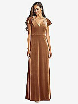 Front View Thumbnail - Golden Almond Flutter Sleeve Velvet Maxi Dress with Pockets