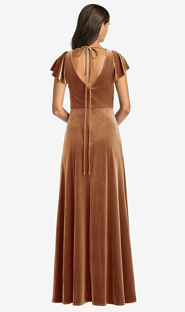 Back View - Golden Almond Flutter Sleeve Velvet Maxi Dress with Pockets