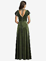 Rear View Thumbnail - Olive Green Flutter Sleeve Velvet Maxi Dress with Pockets