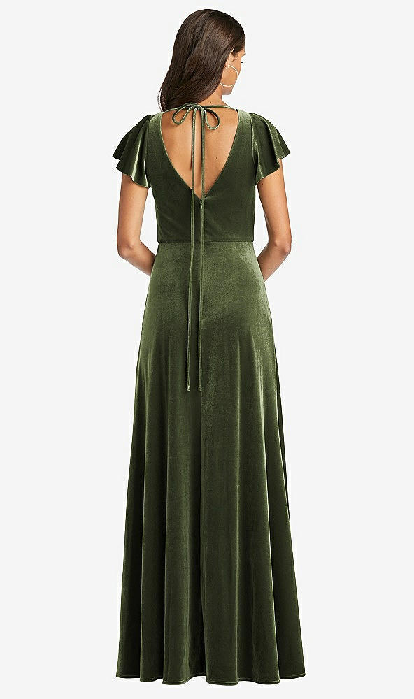 Back View - Olive Green Flutter Sleeve Velvet Maxi Dress with Pockets