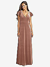 Front View Thumbnail - Tawny Rose Flutter Sleeve Velvet Maxi Dress with Pockets