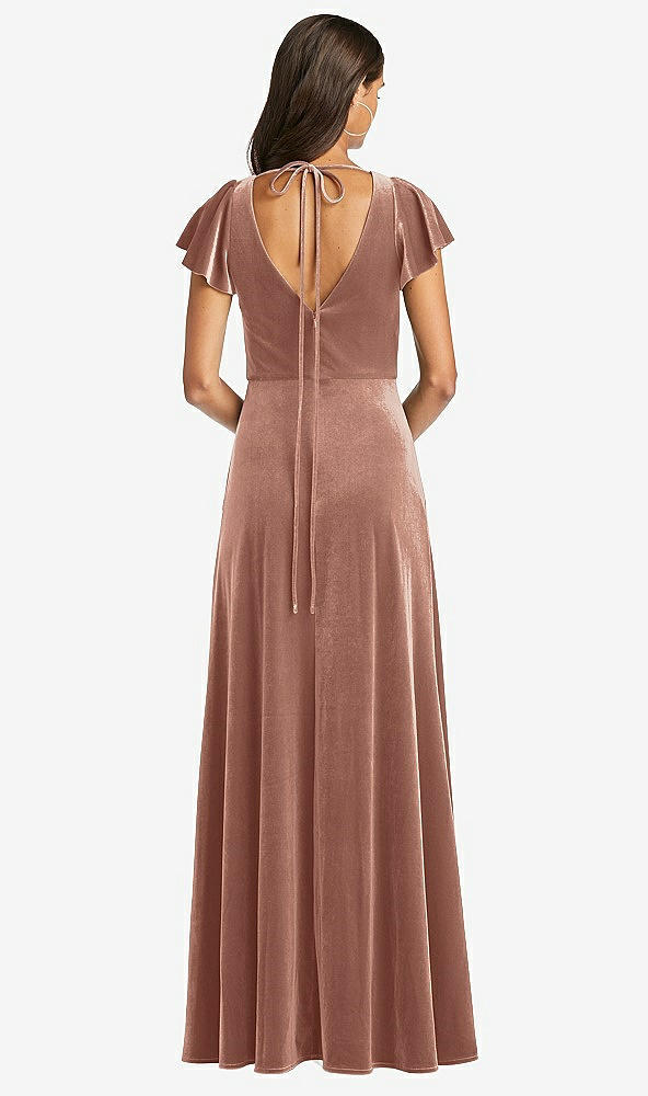 Back View - Tawny Rose Flutter Sleeve Velvet Maxi Dress with Pockets