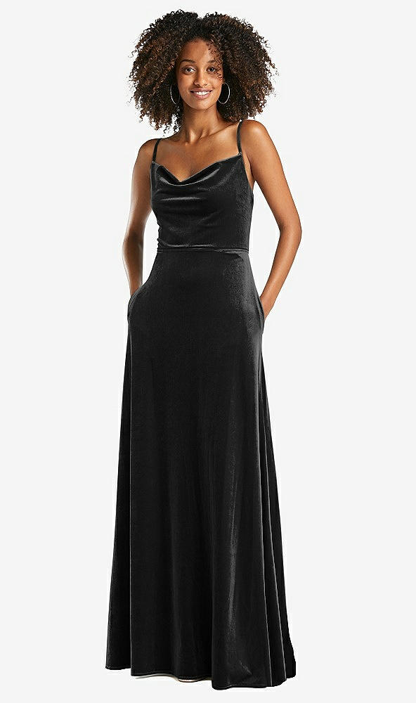Front View - Black Cowl-Neck Velvet Maxi Dress with Pockets