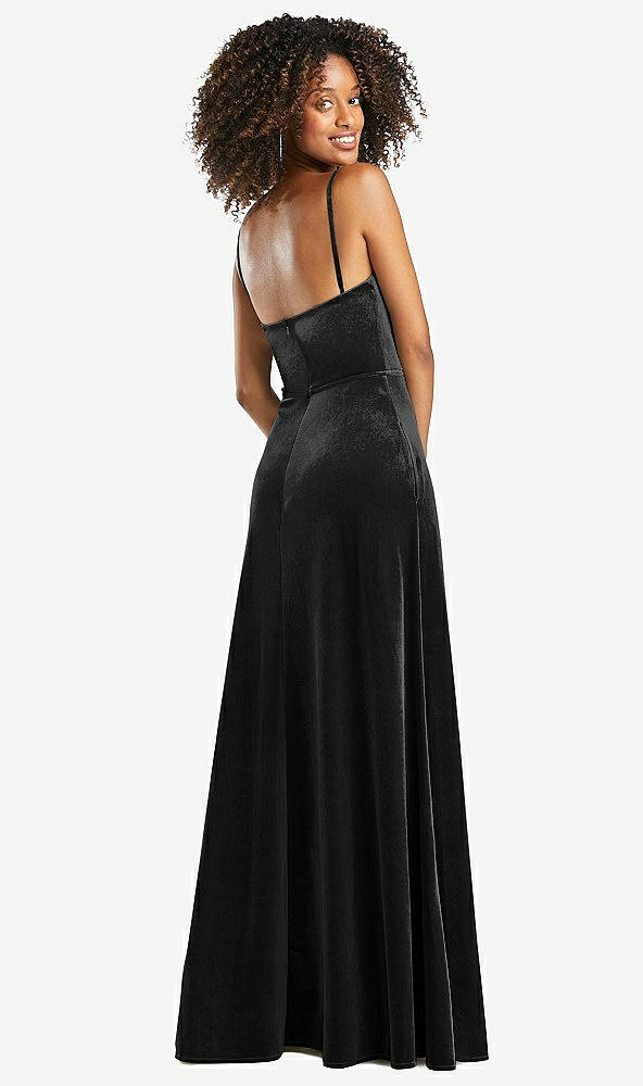 Back View - Black Cowl-Neck Velvet Maxi Dress with Pockets