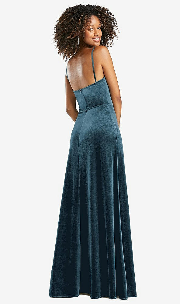 Back View - Dutch Blue Cowl-Neck Velvet Maxi Dress with Pockets