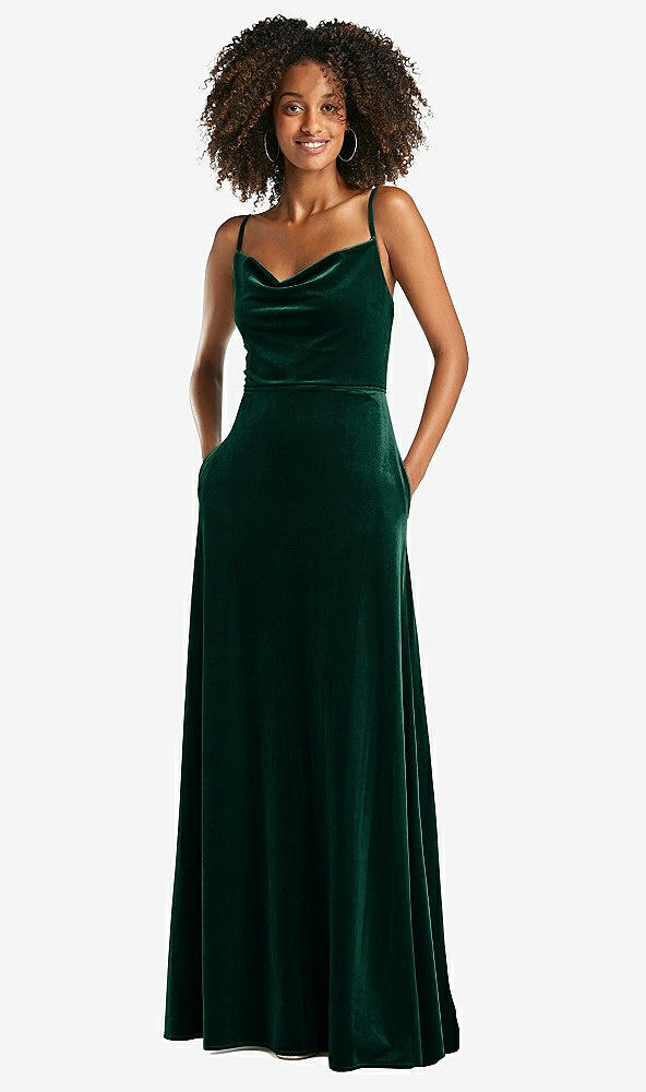 Front View - Evergreen Cowl-Neck Velvet Maxi Dress with Pockets