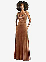 Front View Thumbnail - Golden Almond Cowl-Neck Velvet Maxi Dress with Pockets