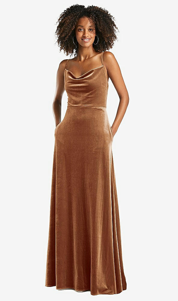 Front View - Golden Almond Cowl-Neck Velvet Maxi Dress with Pockets