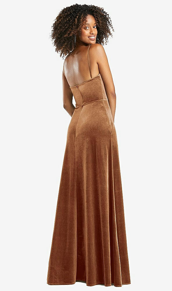 Back View - Golden Almond Cowl-Neck Velvet Maxi Dress with Pockets