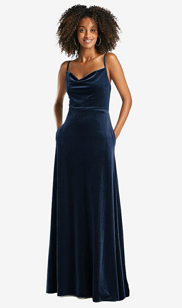 Front View - Midnight Navy Cowl-Neck Velvet Maxi Dress with Pockets
