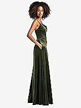 Side View Thumbnail - Olive Green Cowl-Neck Velvet Maxi Dress with Pockets