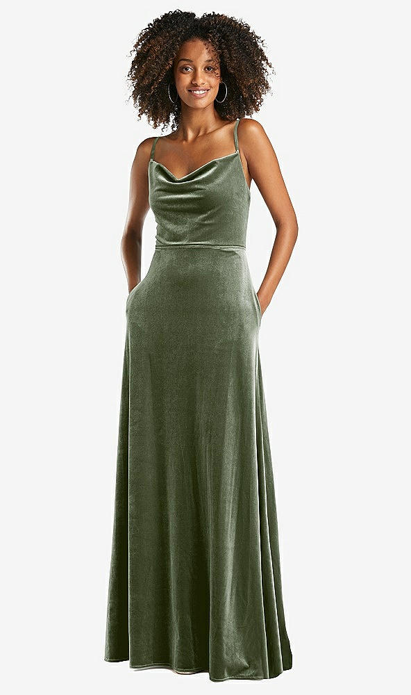 Front View - Sage Cowl-Neck Velvet Maxi Dress with Pockets