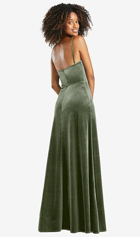Back View - Sage Cowl-Neck Velvet Maxi Dress with Pockets