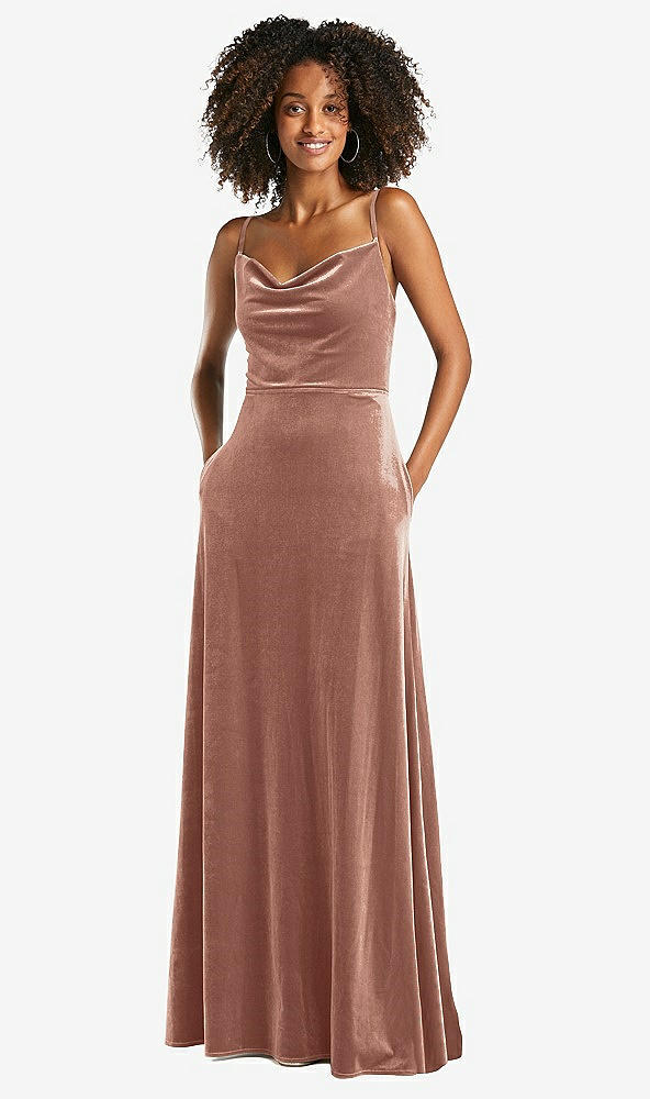 Front View - Tawny Rose Cowl-Neck Velvet Maxi Dress with Pockets