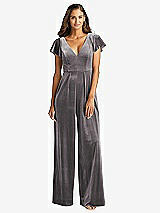 Front View Thumbnail - Caviar Gray Flutter Sleeve Velvet Jumpsuit with Pockets