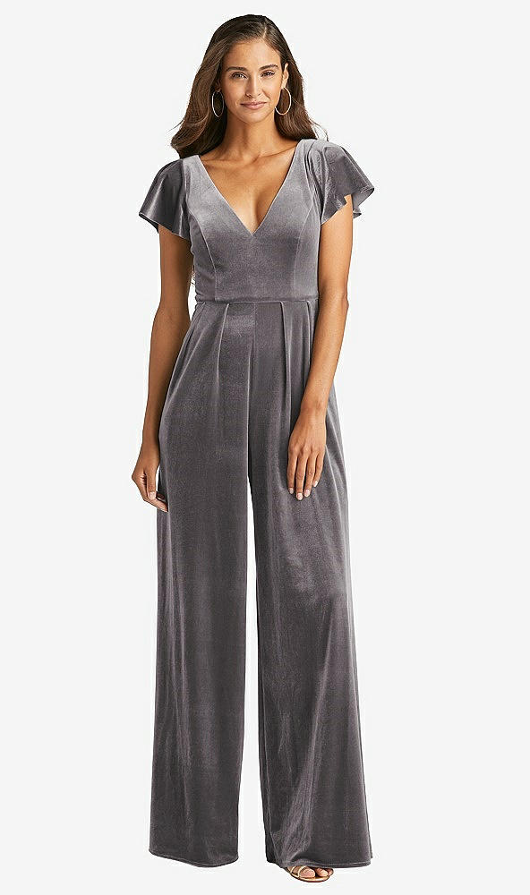 Front View - Caviar Gray Flutter Sleeve Velvet Jumpsuit with Pockets
