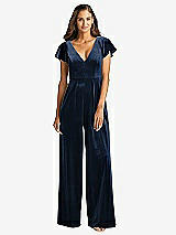 Front View Thumbnail - Midnight Navy Flutter Sleeve Velvet Jumpsuit with Pockets