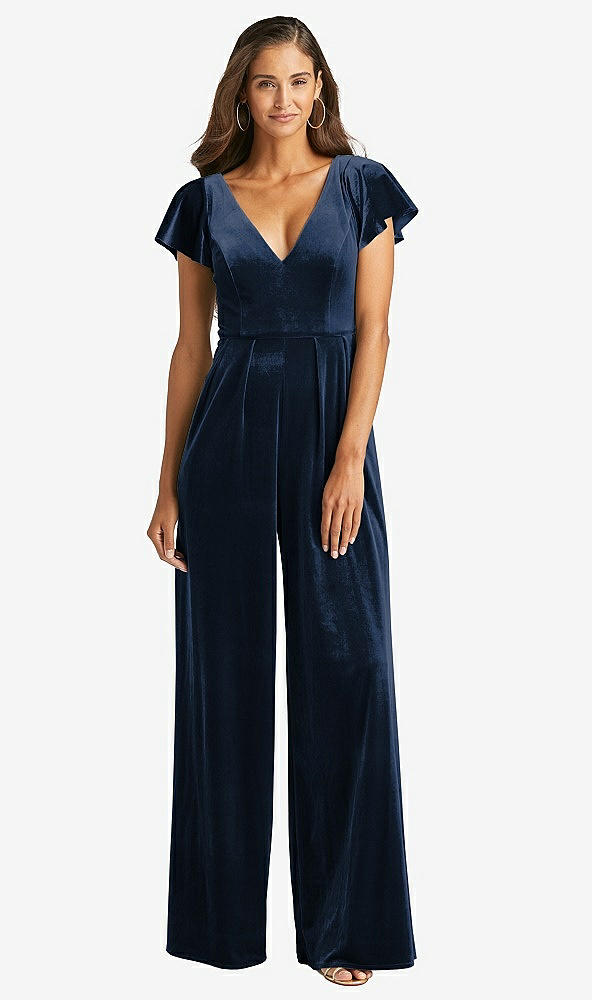 Front View - Midnight Navy Flutter Sleeve Velvet Jumpsuit with Pockets