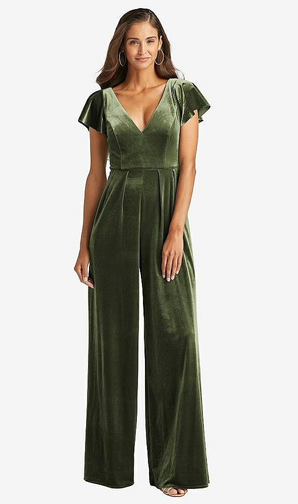 Front View - Olive Green Flutter Sleeve Velvet Jumpsuit with Pockets