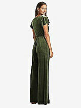 Rear View Thumbnail - Olive Green Flutter Sleeve Velvet Jumpsuit with Pockets