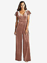 Front View Thumbnail - Tawny Rose Flutter Sleeve Velvet Jumpsuit with Pockets