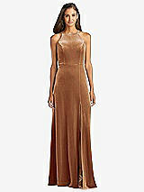 Front View Thumbnail - Golden Almond Velvet Halter Maxi Dress with Front Slit - Harper
