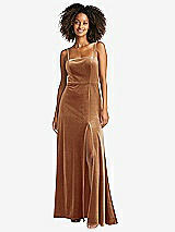Front View Thumbnail - Golden Almond Square Neck Velvet Maxi Dress with Front Slit - Drew
