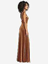Side View Thumbnail - Golden Almond Square Neck Velvet Maxi Dress with Front Slit - Drew