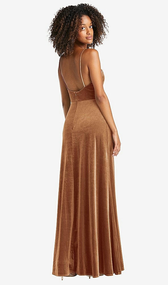 Back View - Golden Almond Square Neck Velvet Maxi Dress with Front Slit - Drew