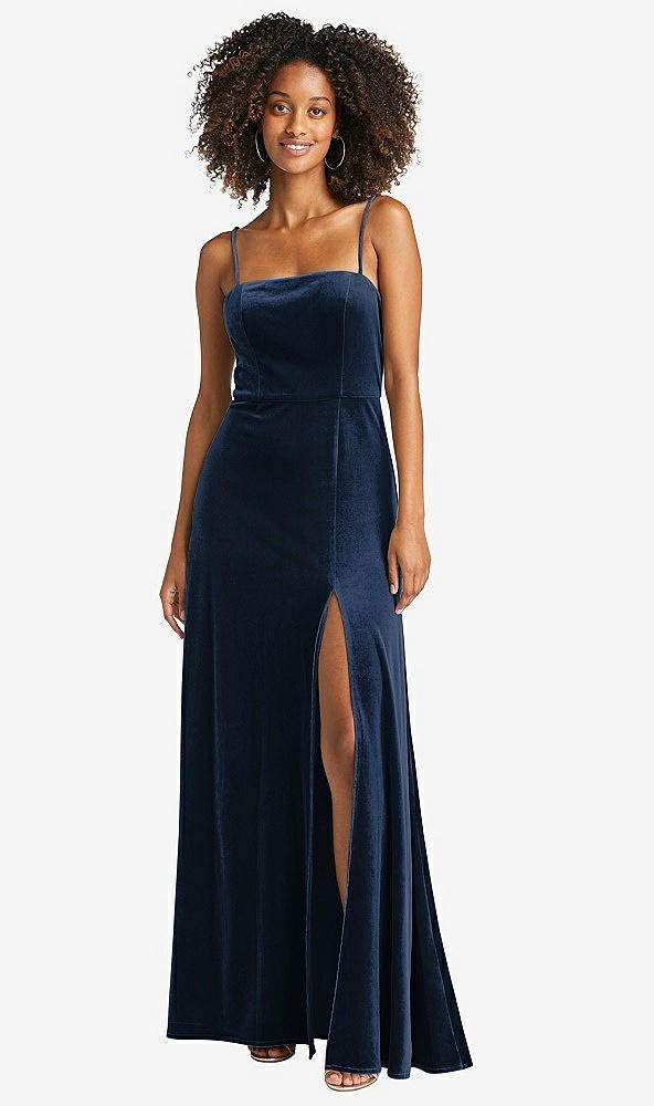 Front View - Midnight Navy Square Neck Velvet Maxi Dress with Front Slit - Drew