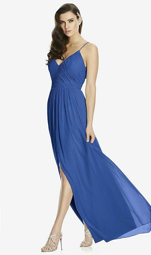 Front View - Classic Blue Deep V-Back Shirred Maxi Dress - Ensley