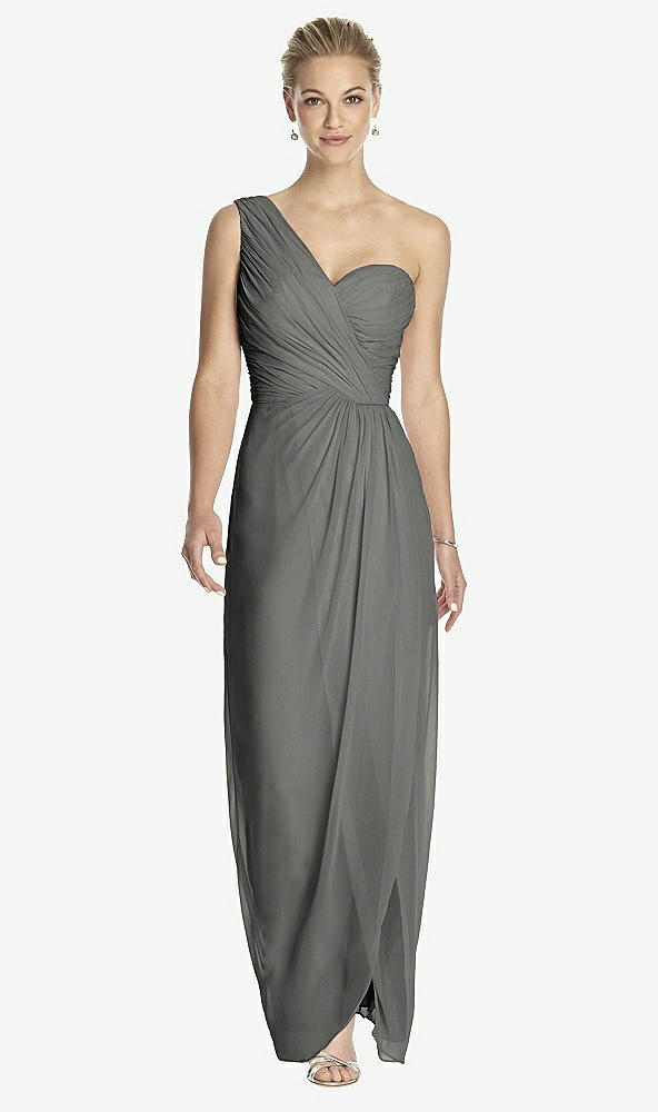 Front View - Charcoal Gray One-Shoulder Draped Maxi Dress with Front Slit - Aeryn