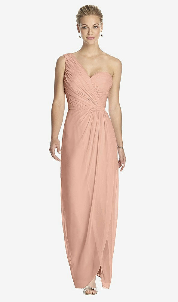 Front View - Pale Peach One-Shoulder Draped Maxi Dress with Front Slit - Aeryn