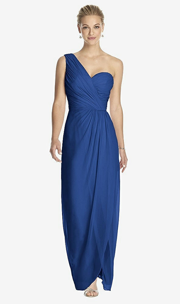 Front View - Classic Blue One-Shoulder Draped Maxi Dress with Front Slit - Aeryn
